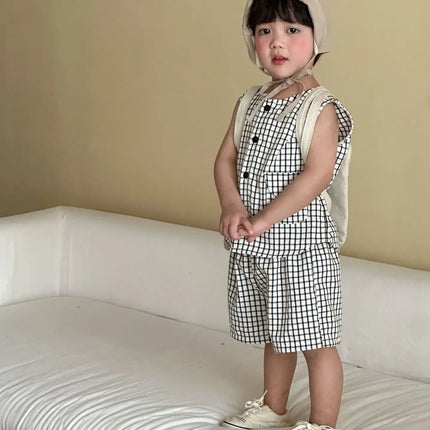 RAISE 2026 Summer Children Outfit Muslin Peter Pan Collar Kids Girls Sleeveless Dress Thin Plaid Tank Top Vest+loose Shorts Suit