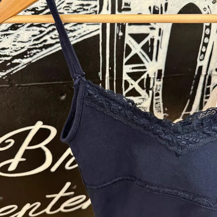 Navy Bow Lace Trim Slim Tank Top Women Sexy V Neck Cotton Sleeveless Cropped Vest Casual Vintage Sweet Summer Crop Top Y2k Camis