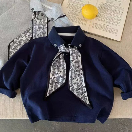 Children's Trendy POLO Shirt 2025 Autumn New Style Small And Medium Sized Children's Tie Long Sleeve Top Baby Handsome Shirt
