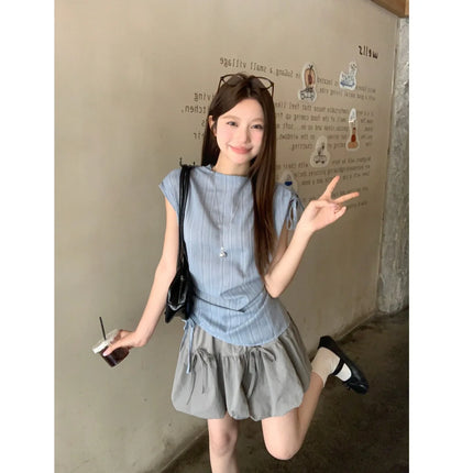 Blue Striped Drawstring Tie Women's Shirt Summer New Style French Stripe Design Modified Version Round Neck Sleeveless Dress