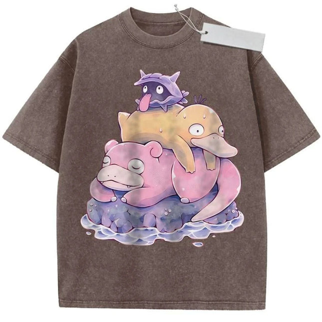 Sports T-Shirt Short Sleeve T-Shirt Multi-Color Unisex Pure Cotton Washed Retro Pokémon Snorlax Psyduck Porygon Print