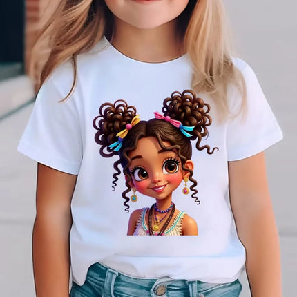 Girls' Summer Crew-Neck Short-Sleeved Top New Black Girls Cute Top Girls Clothes Cartoon Print T-Shirt Top Children's Clothing
