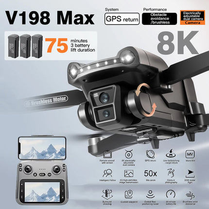 For Genuine V198MAX GPS Drone 8K Professional Camera Aerial FPV Brush Laser Obstacle with Large Screen Remote Control Folding RC