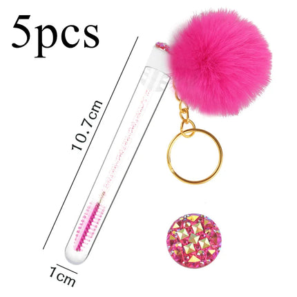 5pcs Gold Keychain Tube Eyelash Brush Eyebrow Comb Microbrush Lash Extension Micro Brushes Makeup Tool Fluffy Fur Ball Decorate