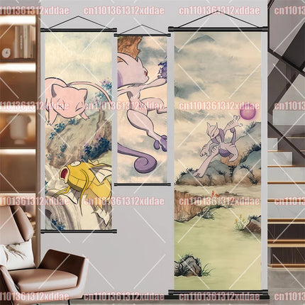 Classic Anime Pokémon Retro Scroll Painting Poliwhirl Pikachu Eevee Charizard Dragonite Squirtle Bulbasaur Creative Poster Gift