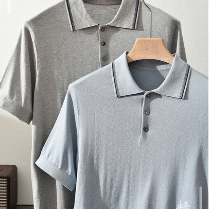 85% Silk+15% Cashmere Men's T-shirt Casual Solid Color Knitted Pullover Short-Sleeved Polo Neck Tees Basic Tops