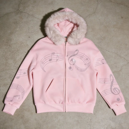 Women's Casual Daily Outerwear Pink Embellished Music Score Print Faux Fur Trim Hooded Full Zip Sweatshirt 2026