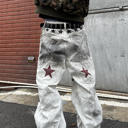2026 American Retro Y2K Style Dirty Washed White Baggy Jeans Pants For Men Clothing Star Printed Straight Cotton Long Trousers