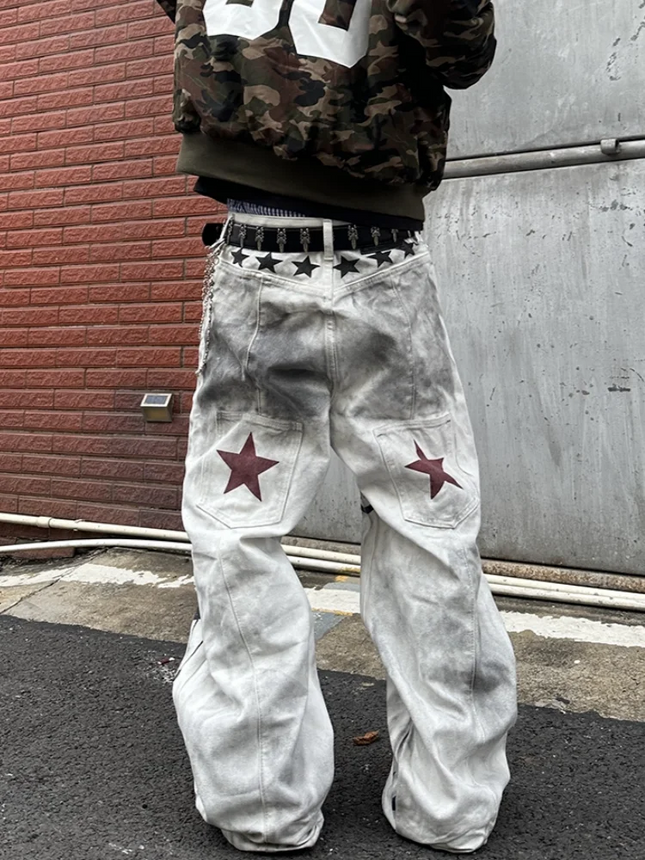 2026 American Retro Y2K Style Dirty Washed White Baggy Jeans Pants For Men Clothing Star Printed Straight Cotton Long Trousers