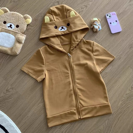 Cute Bear Ear Hooded Jacket Y2K Japanese Style Long Sleeve Zipper Casual Second Hand Women's T-shirt Spring Autumn Winter