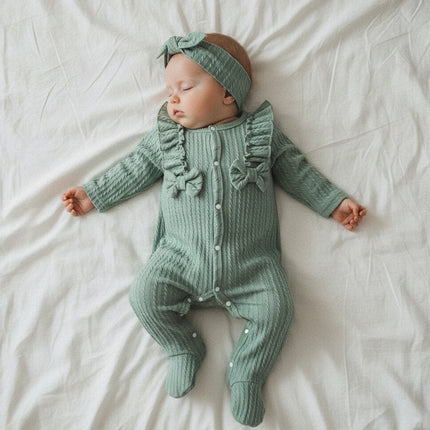 Baby Girl Footed Romper Duck Solid Color Bow Ruffled Long Sleeve Round Neck Jumpsuit with Bow Headband