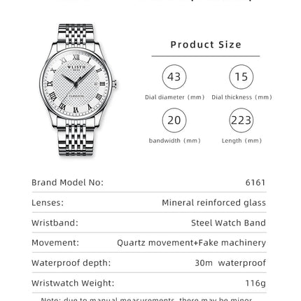 WLISTH Luxury Stainless Steel Watches for Man Waterproof Luminous Quartz Watches Roman Scale Wristwatch Date Week Men Watch