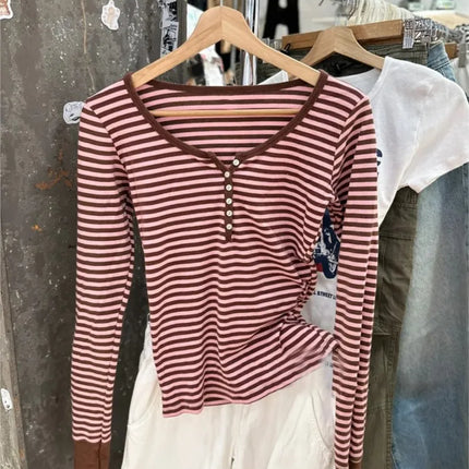 Pink Striped Slim Long Sleeve Tees Women Spring Casual Cotton O-neck Tshirt New Tops Clothes Sweet Cute  Vintage T-shirts Y2K