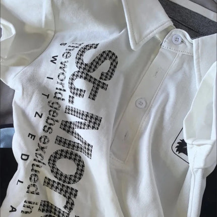 Y2K Japanese Streetwear Polo Shirt Women Slim Crop Tee 2025 White Short Sleeve Tops Letter Badge Houndstooth Vintage Harajuku