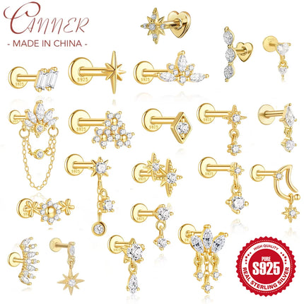 CANNER 1Pc 925 Silver Smooth Stars Moon Stud Earrings For Women 18K Gold Flat Head Threaded Puncture Ear Bone Ins Fine Jewelry