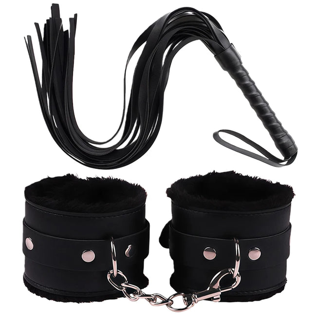 Adult Goods Set Sexy Leather Plush Handcuffs Blindfold Spanking Soft Whips Tying Cotton Rope Couple Games Bondage Equipment