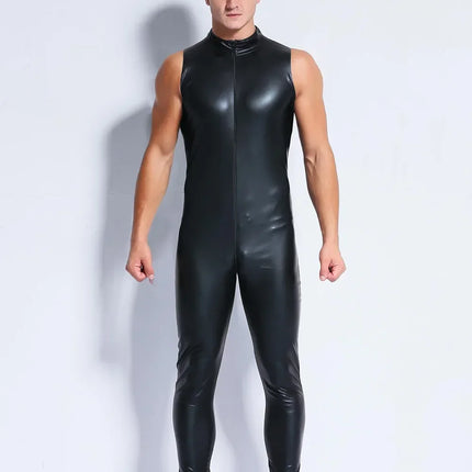 M-3XL Men Wetlook Faux Leather Double Zipper Open Crotch Pvc Bodysuit Gay Hot Lingerie Latex Catsuit Fetish Wear Sexy Costume