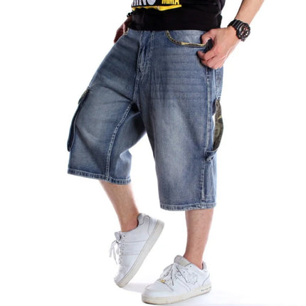 Multi pocket European and American skateboarding pants with fat and plus size hip-hop denim shorts for men, trendy cropped pants