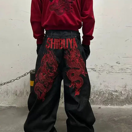 American retro embroidered pattern hip-hop jeans suitable for both men and women Y2K street cool floor length wide leg pants