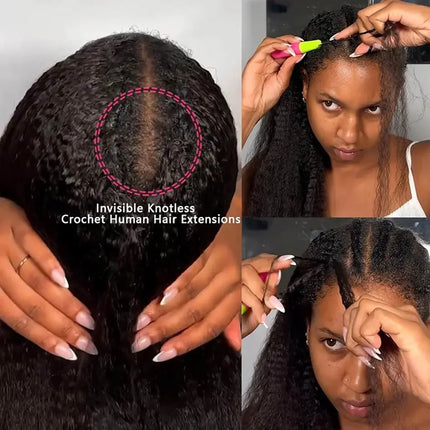 Kinky Straight Crochet Human Hair Pre Looped Feather Real Human Hair Extensions Reusable Invisible Pre-Separated Knotless