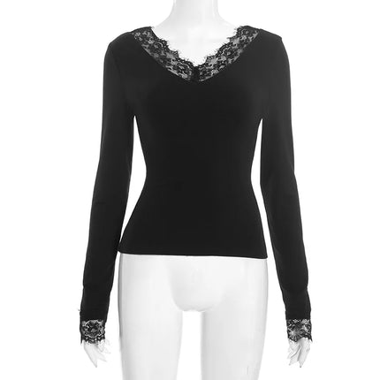 Sexy Lace Trim Long Sleeve T-shirt Solid V Neck Slim Fit Crop Top Fashion Splice Hottie Club Party Top Autumn New Lady Pullover
