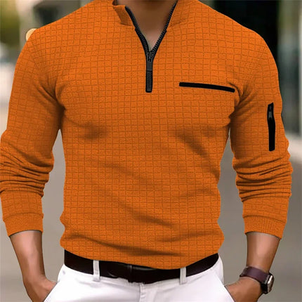 New men's long-sleeved striped POLO shirt with zipper collar, retro style sports and outdoor casual tops