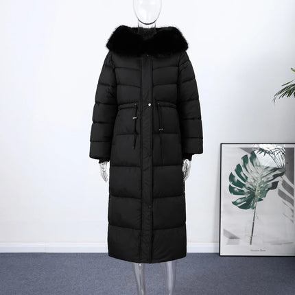 Women's Winter Long Down Jacket With Hood Drawstring Waist Fur Collar Zipper Quilted Padded Jackets 2026 Warm Parka Outwear
