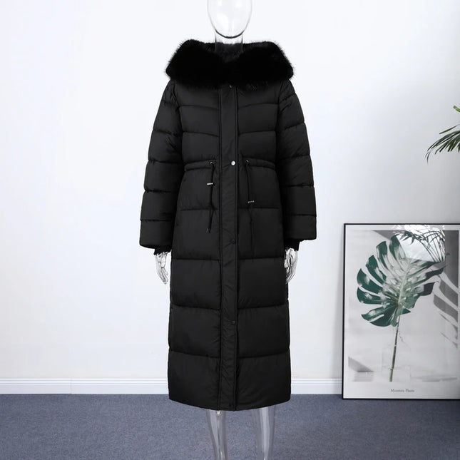 Women's Winter Long Down Jacket With Hood Drawstring Waist Fur Collar Zipper Quilted Padded Jackets 2026 Warm Parka Outwear