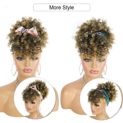 Synthetic Afro Puff Drawstring Ponytail with Bangs Pineapple Updo Hair for Black Women, Short Kinky Curly Ponytail Bun