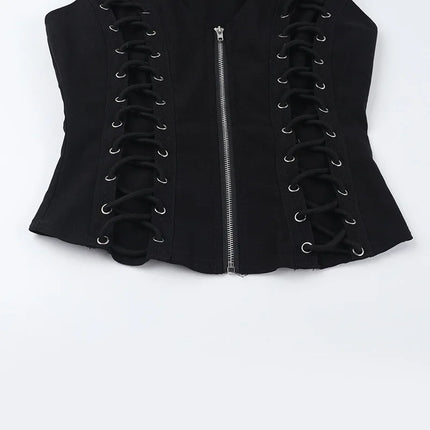Goth Dark Punk Sleeveless Corn Bandage Tanks Top Women Chic Streetwear Slim Zip Vest Mall Gothic Techwear Summer Fashion T-shirt