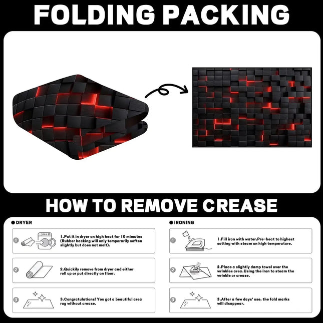 Black Red 3D Cube Print Rug, Glowing Square Block Geometric Pattern, Non-Slip Washable Mat for Living Room Sofa Dining Room Indoor