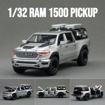 1/32 Dodge RAM 1500 Pickup Toy Car Miniature Diecast Metal Off Road Vehicle Model Pull Back Sound Light Collection Gift Boy