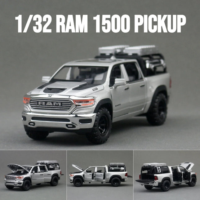 1/32 Dodge RAM 1500 Pickup Toy Car Miniature Diecast Metal Off Road Vehicle Model Pull Back Sound Light Collection Gift Boy