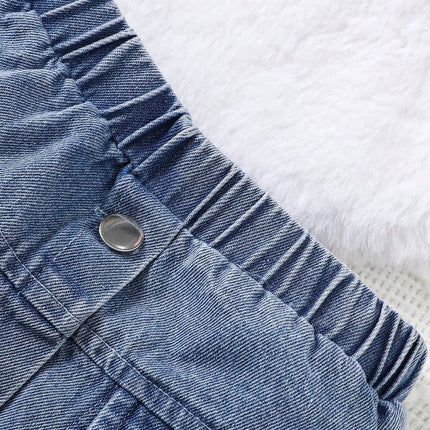 Baby Girl Autumn Trendy Three Piece Denim Jacket Black High Collar Knitted Top Denim Skirt Street Party Set