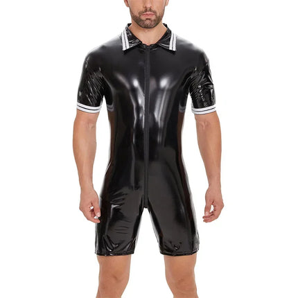 Men Zipper Open Crotch Erotica Jumpsuit Shorts Summer Short Sleeve Lapel Tight Stretch Rompers Male Glossy Patent Leather Wear