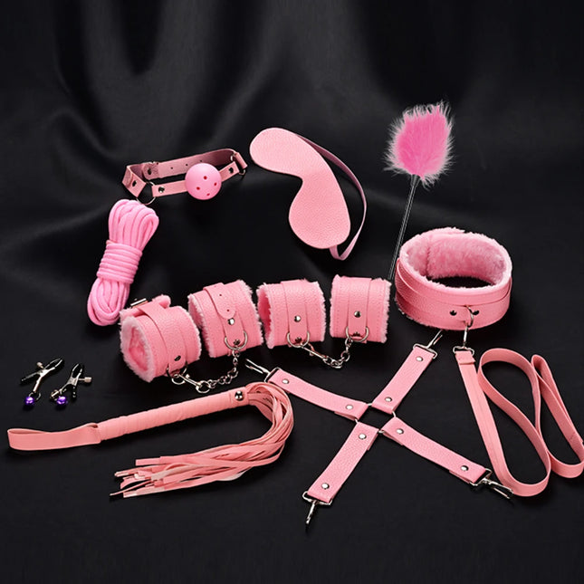 BDSM Sex Toys Bondage Kits Genuine Leather Restraint Set Handcuffs Collar Gag Vibrators Sex Toys For Women Couples Adult Games
