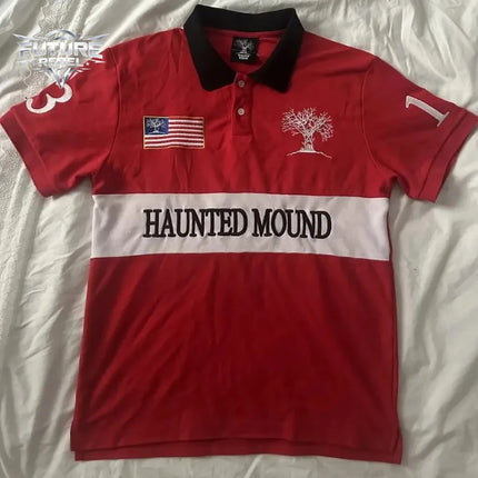 Haunted Mound Embroidered Red Polo Shirt Y2K Tshirt HipHop Retro Pumpkin Head Letter Embroidered Oversized Short Sleeve Top New