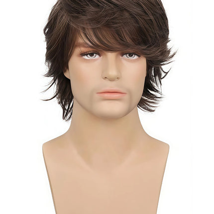 Brown Layered Wolf Cut Wig for Men, Natural Synthetic Hair with Textured Fringe for Daily and Cosplay Looks