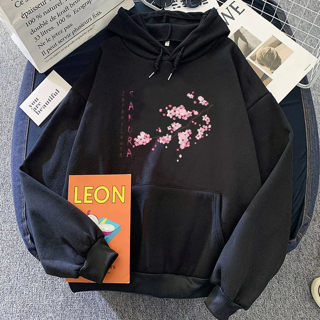 2025 Blossom Sakura Printing Hoodies Female Casual Sleeve Sweatshirt with Pocket Women Winter Pullovers Autumn Winter Hoodie