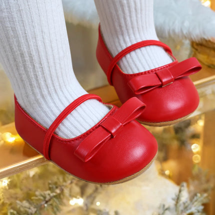 Christmas Baby Girls Mary Jane Flats with Bowknot Floral Princess Wedding Dress Shoes Soft Newborn Infant Crib First Walkers Pre