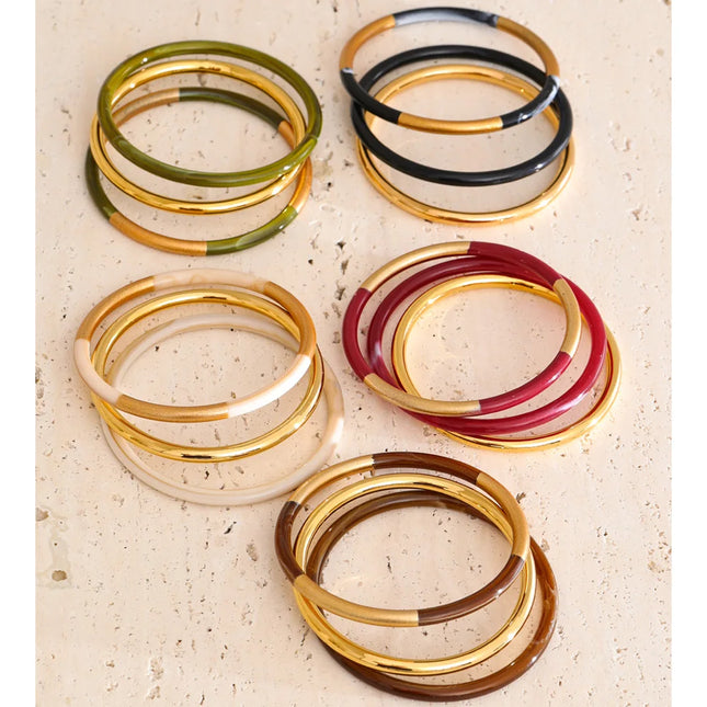 Yhpup 1Set 66mm 3 Round Circle Resin Overlay Minimalist Bracelet Bangle Set 18K Gold Plated Stainless Steel Wrist Trend Jewelry