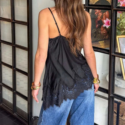 Women Lace Trim Satin Tank Top Sexy Solid V Neck Silk Camisole Top Summer Fashion Asymmetrical Backless Spaghetti Strap Camisole