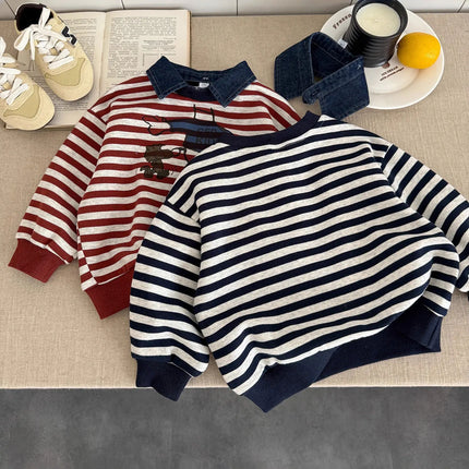 Children Polo Shirts 2025 Autumn Denim Tops for Kids Boys Striped Jumper Cartoon Girls Pullover Toddler Sweatshirts Baby Clothes