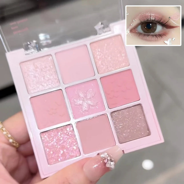 Pink Sakura 9-Color Eyeshadow and Blush Palette, Shimmer and Matte, Embossed Cherry Blossom Design for Makeup Lovers‘s Festival