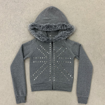 Heather Grey Faux Fur Trim Hooded Cropped Zip Up Sweatshirt Radiant Silver Stud Decor Raglan Slim Jacket