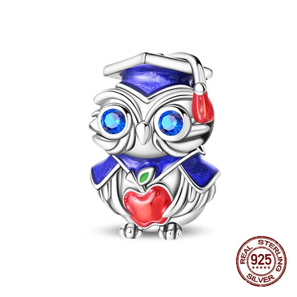 100% 925 Sterling Silver Graduation Season Series Owl Bachelor's Hat Charms Beads Fit 3mm 925 Original Bracelets DIY Jewelry