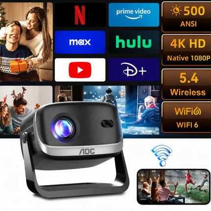 AOC RC6 Smart Projector 4K Supported Native 720P Android WiFi 6 Bluetooth 5.4 Auto Focus Home Theater Portable Projector