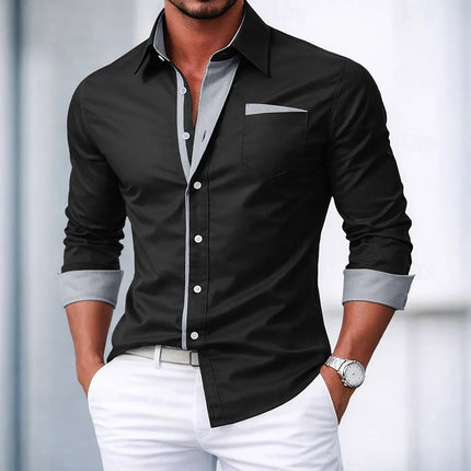 Men's shirt button-down shirt color block casual daily wear navy blue royal blue long sleeve cuffed spring and autumn clothing c