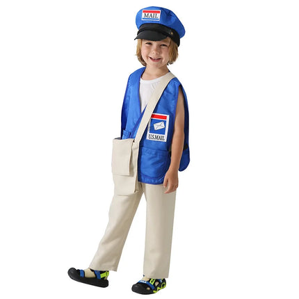 Kids Cosplay Postman Boys Girls Professional Mail Carrier Uniform Costume with Hat Halloween Carnival Dress Up Party Stage Show