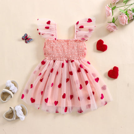 Princess Infant Girl Tulle A-Line Dresses Children Baby Heart 3D Bow Flutter Sleeve Dress Toddler Sweet Fashion Mesh Tutu Dress